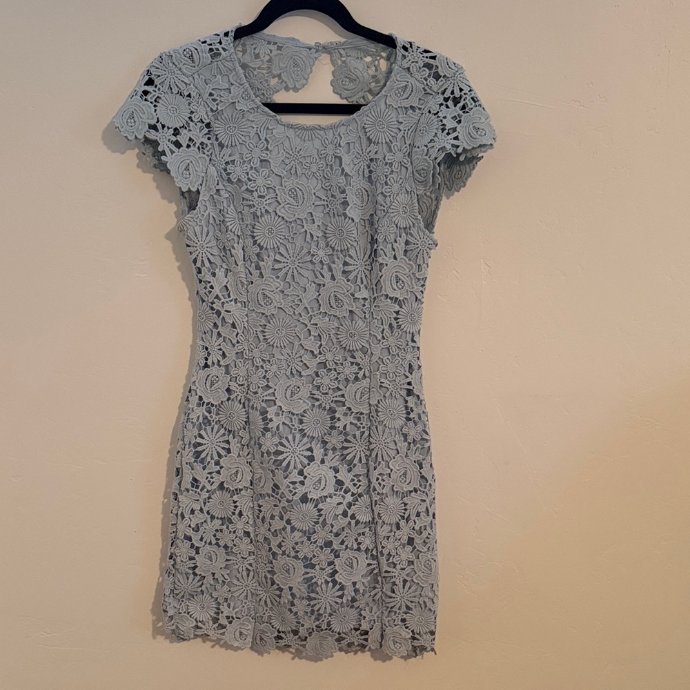 Lulu's Powder Blue Floral Crochet Mini Dress